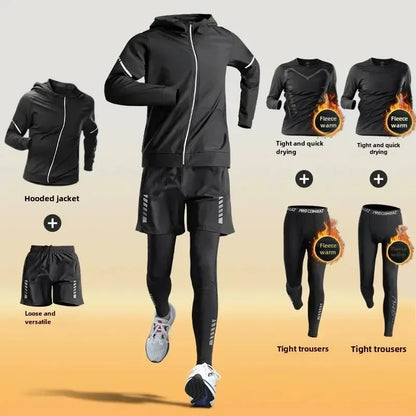 Men’s Winter Fleece-Lined Quick-Dry Warm-Up Sports Set for Running Cycling Fitness Training - 6-pcs set / XXXL