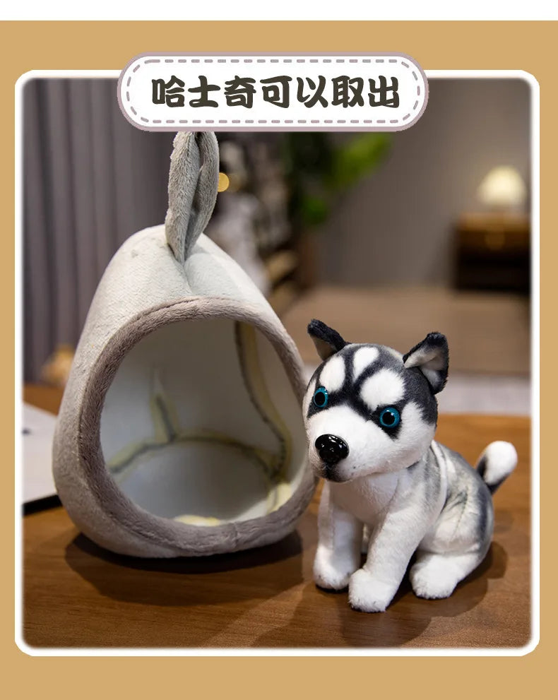 Cute Lifelike Husky & Akita Ultra-Soft Plush Stuffed Toys With A Tiny Cozy Dog Bed Cloth Dolls  Pet Lovers And Plush Collectors