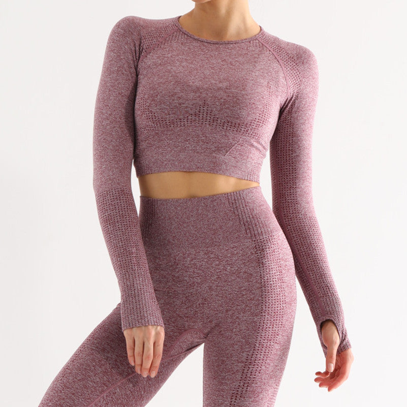High Waist Yoga Pants and Sleeveless Fitness Suit Five-Piece Set - Red long sleeve / L