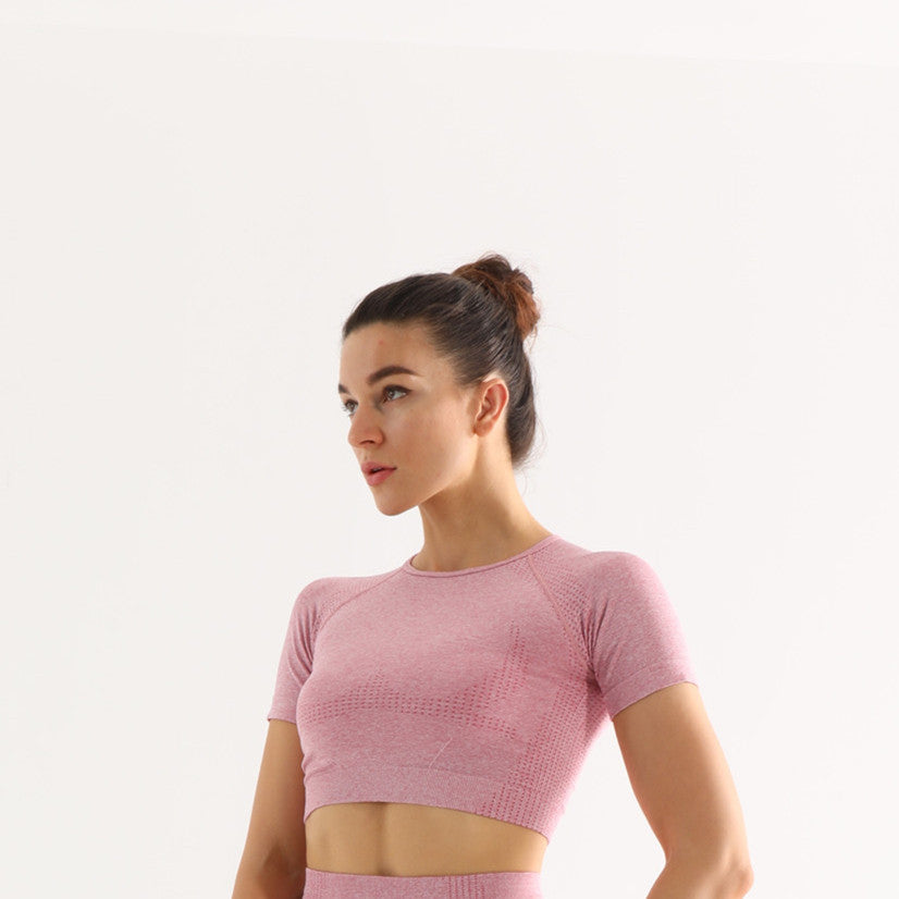 High Waist Yoga Pants and Sleeveless Fitness Suit Five-Piece Set - Pink short sleeve / L